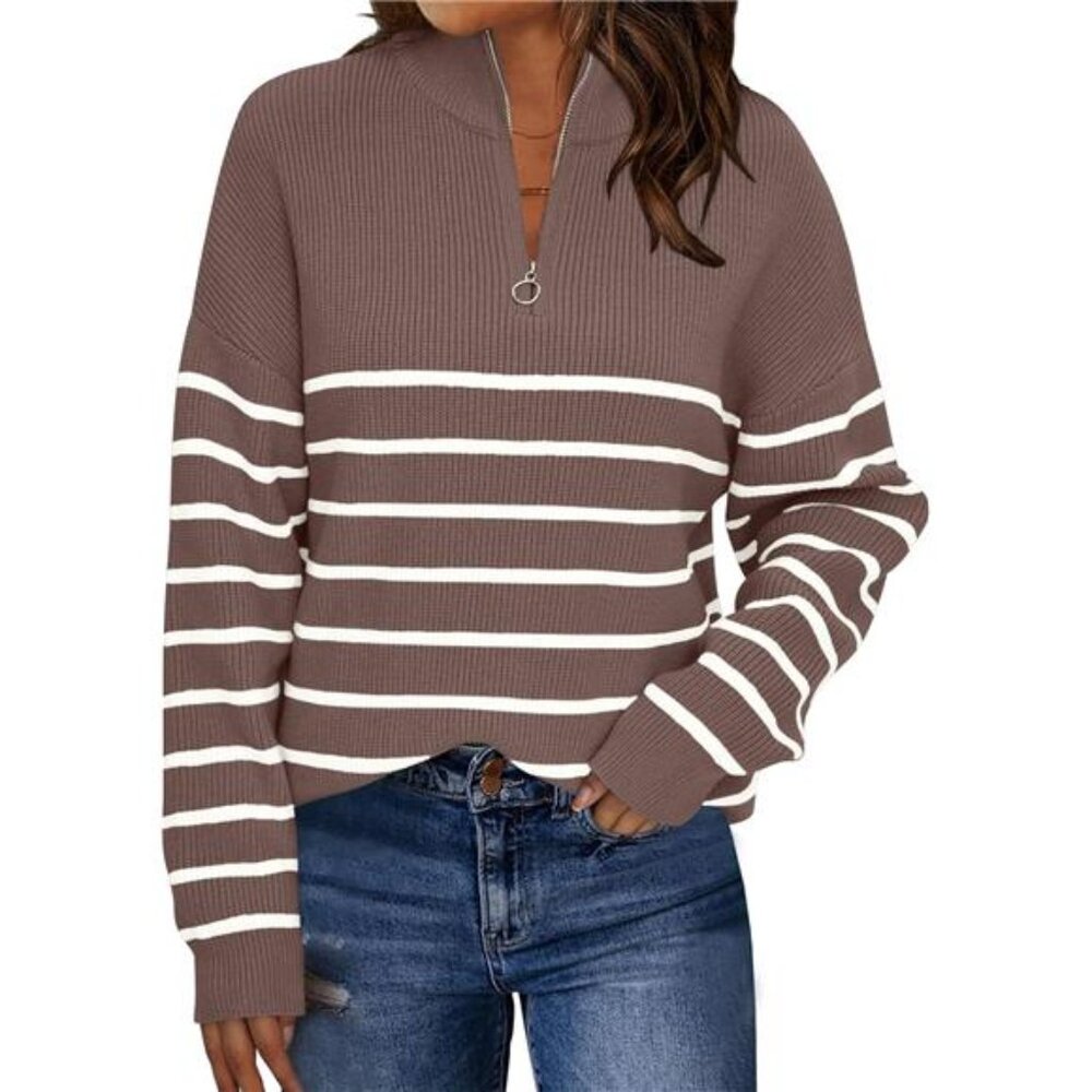 Women's Quarter Zip Striped Oversized Sweater Mock Turtleneck